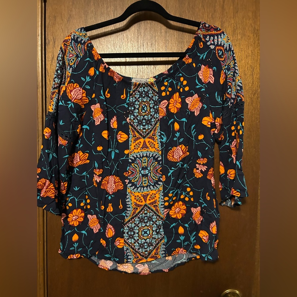 Figueroa & Flower blouse- gorgeous navy and bright orange floral design size PL